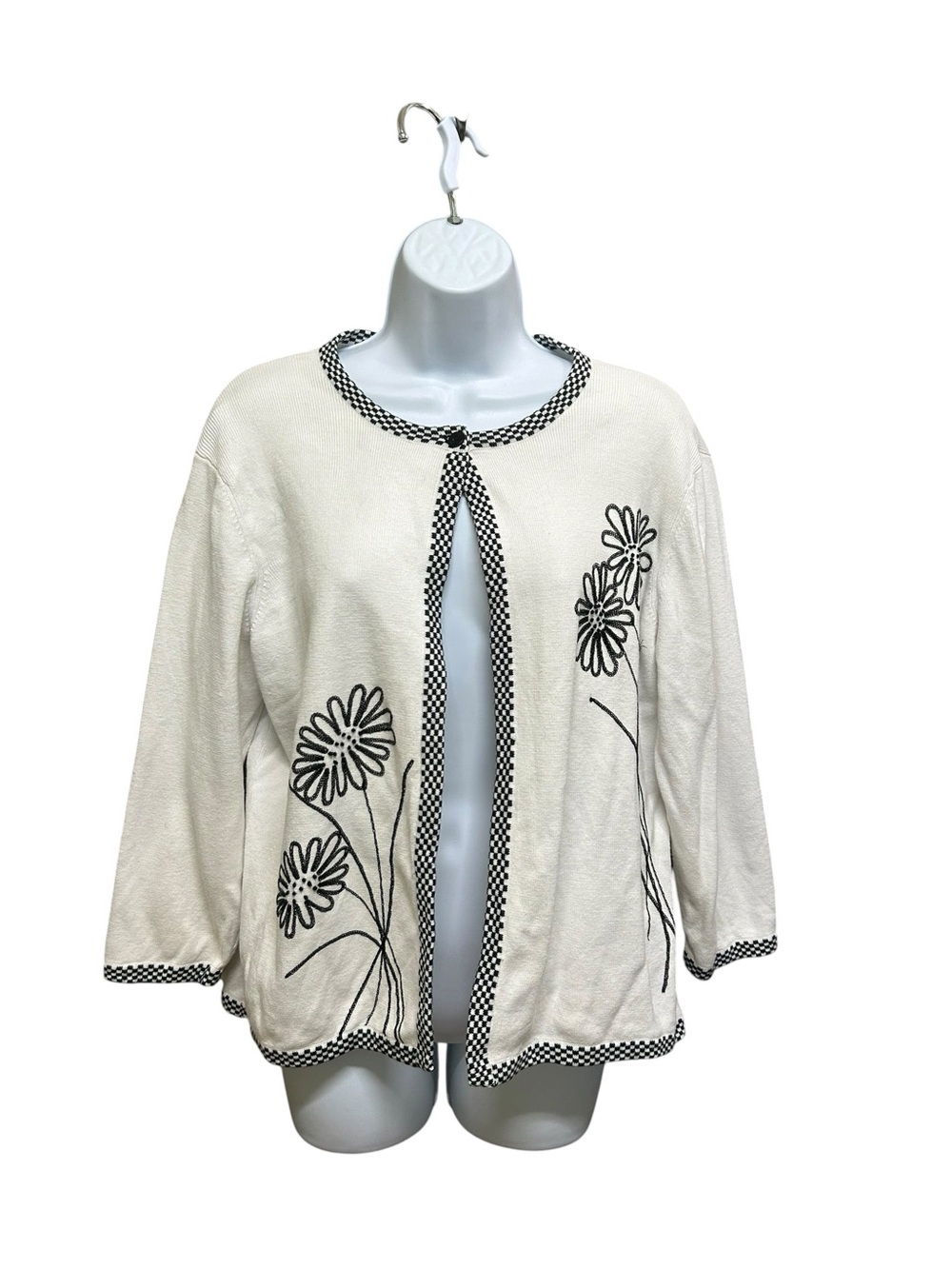 Talbots Vintage Embroidered Flower Cotton Knit Cardigan Size L